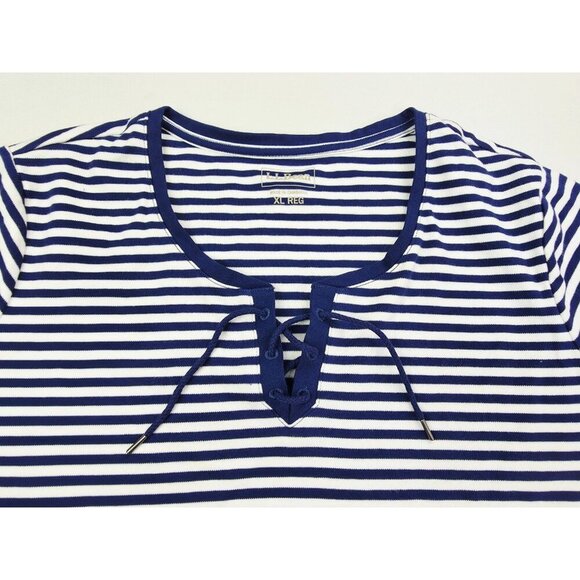 L.L. Bean Size XL Womens White Blue Stripe 3/4 Sleeve Draw String V Neck Top - Picture 6 of 9